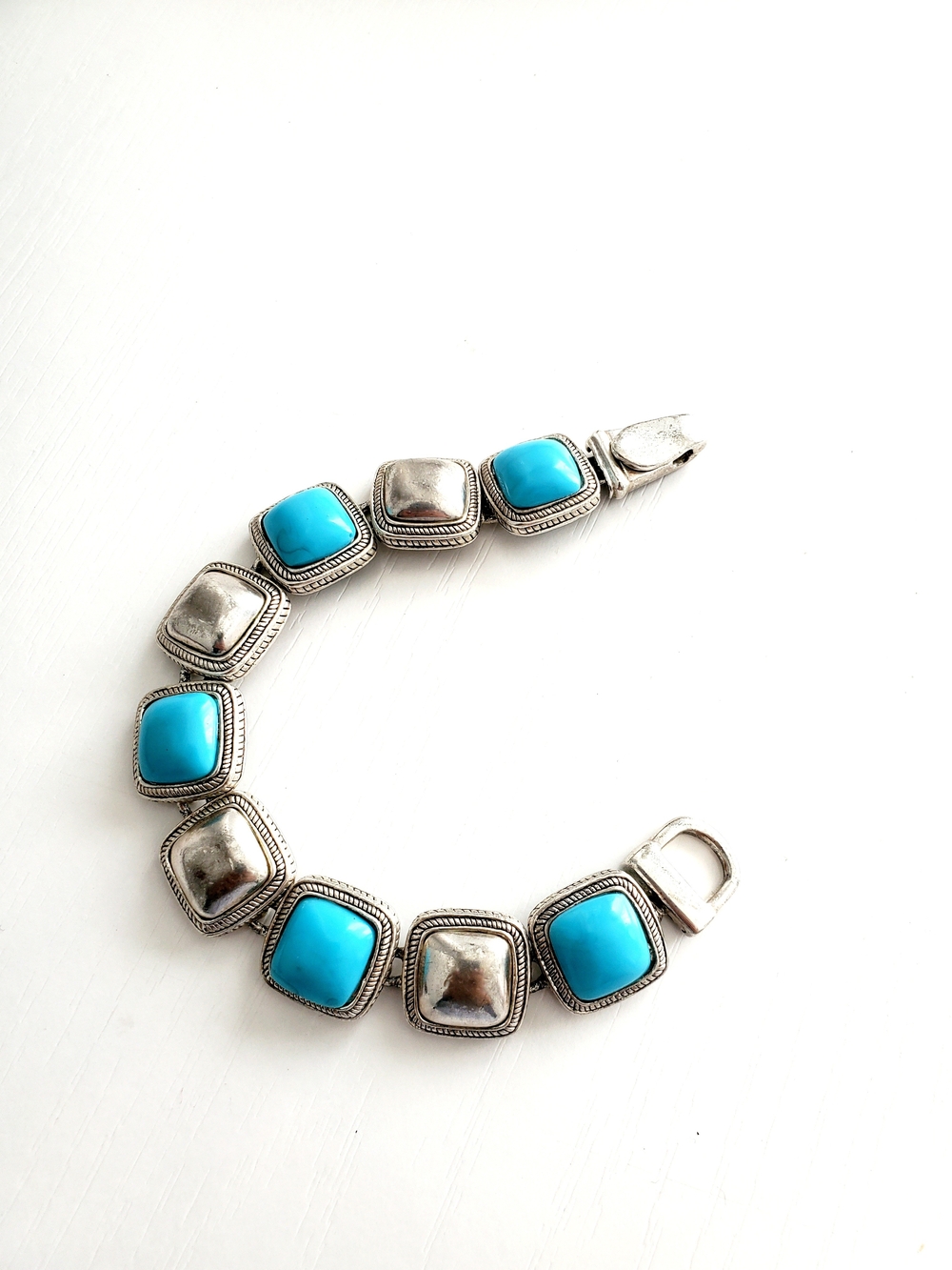 Faux Turquoise Square-Link Bracelet in Silver-Tone